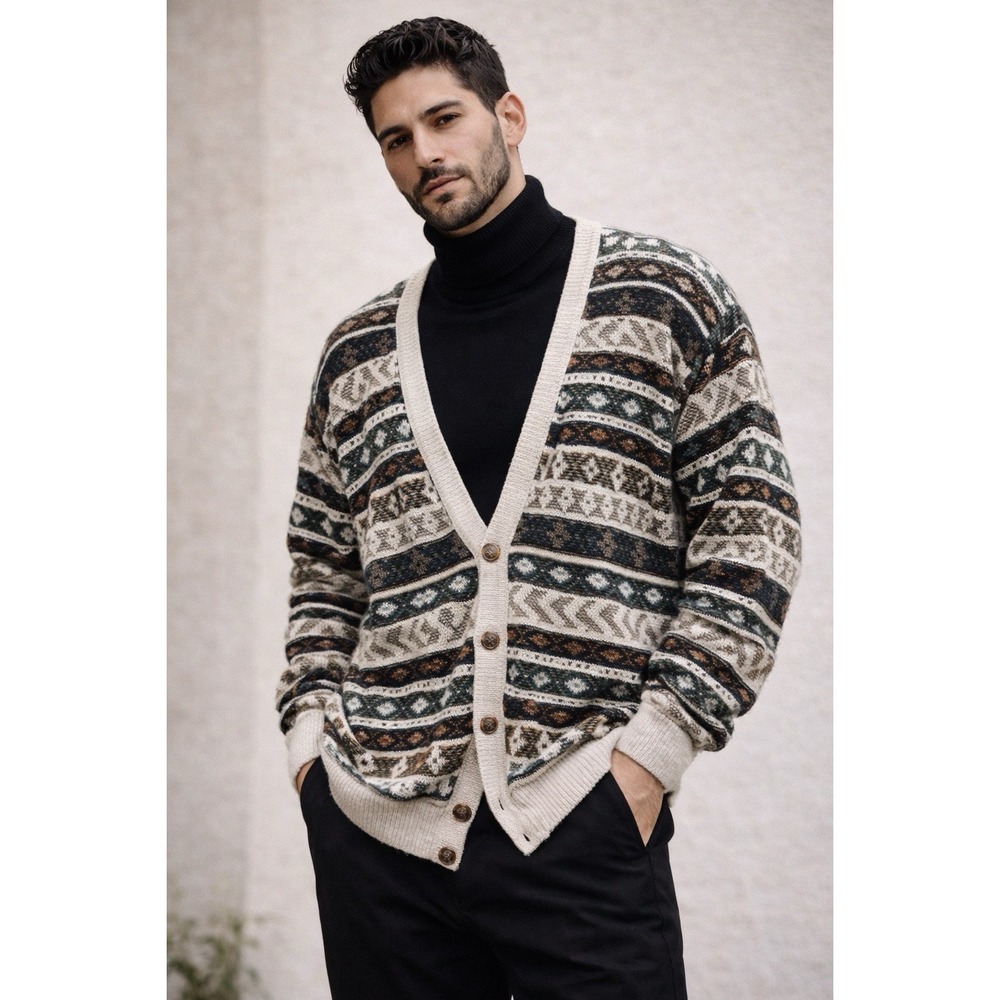 Jantzen‎ Southwestern Geometric Cardigan Men's XL Sweater Vintage Button Repair
